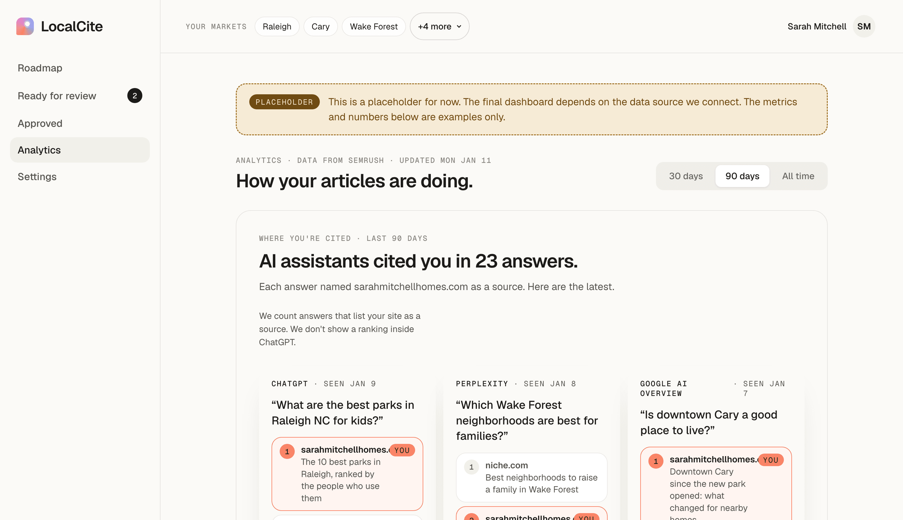 Track results — LocalCite product screen