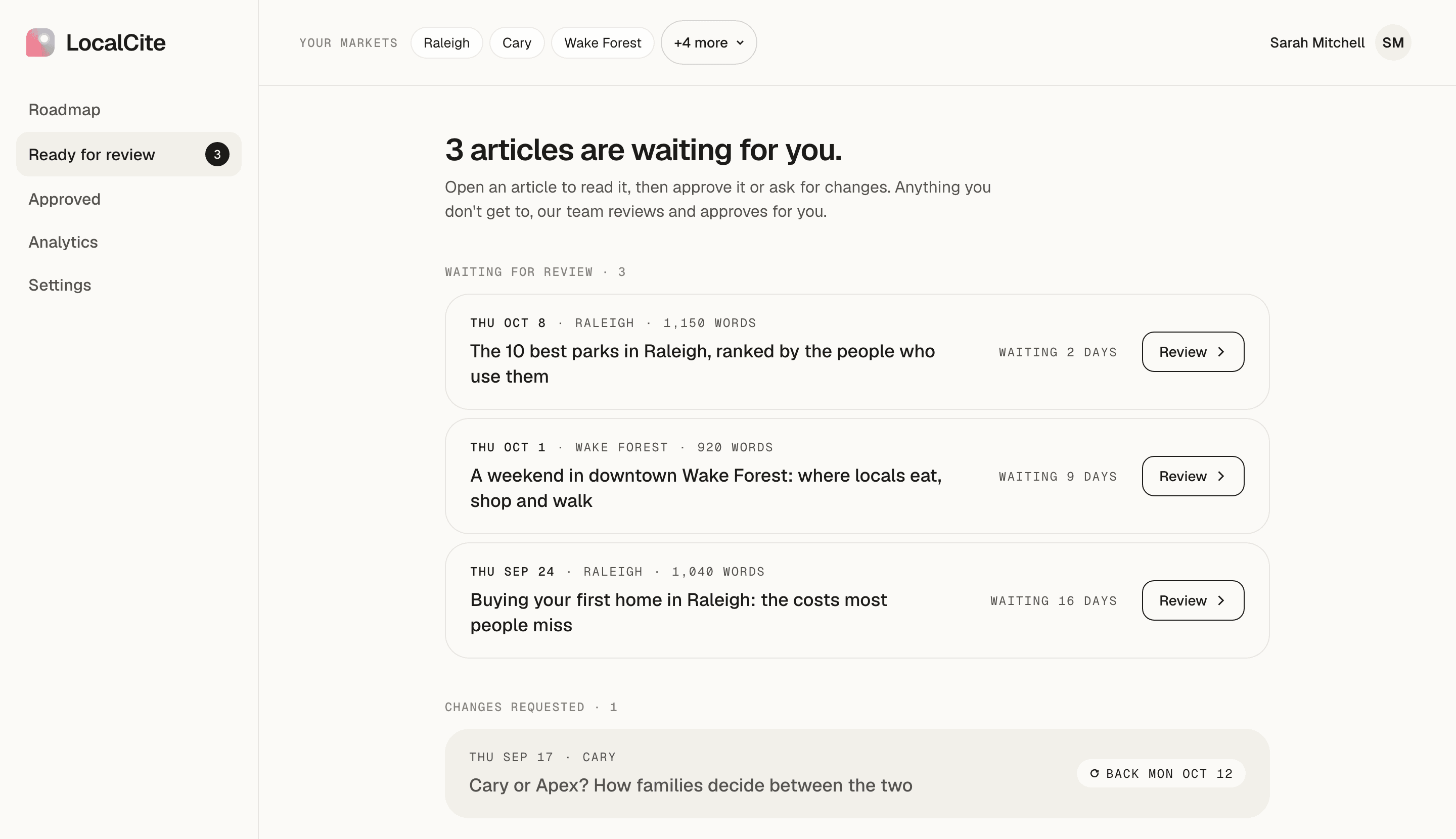 Review & approve — LocalCite product screen